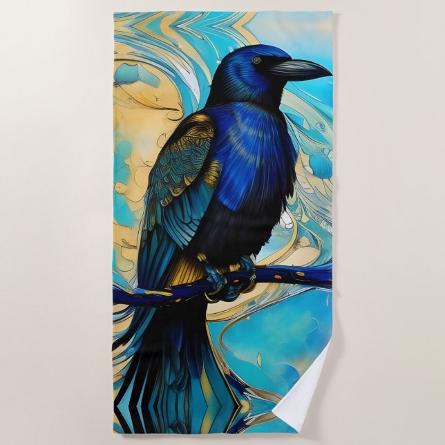 Blue Black Raven, blue and gold abstract Beach Towel (Front)