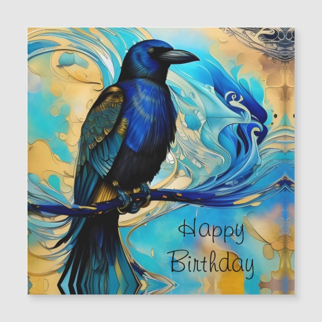 Blue Black Raven, blue and gold abstract Birthday (Front)
