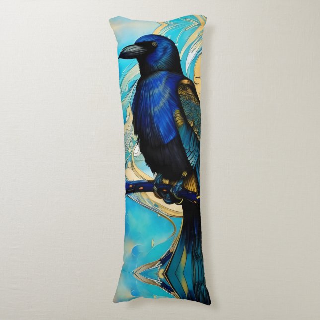 Blue Black Raven, blue and gold abstract Body Pillow (Front Vertical)