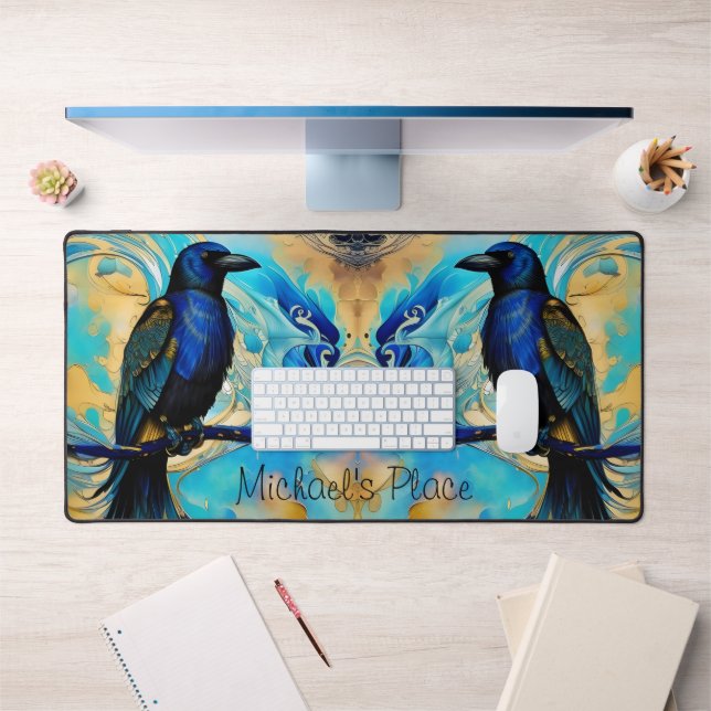 Blue Black Raven, blue and gold abstract  Desk Mat (Office 1)