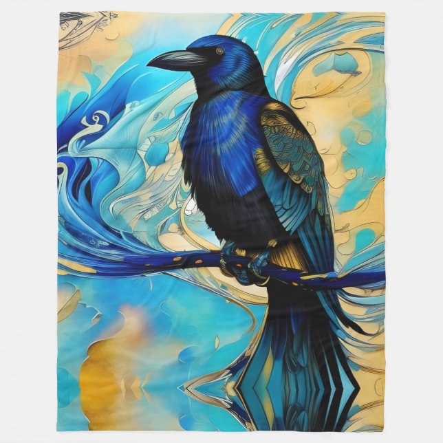 Blue Black Raven, blue and gold abstract Fleece Blanket (Front)