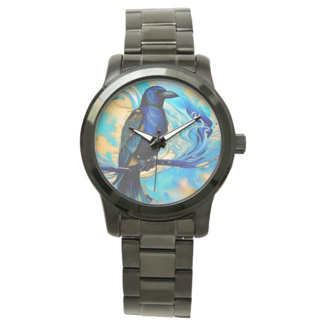 Blue Black Raven, blue and gold abstract  Watch (Front)