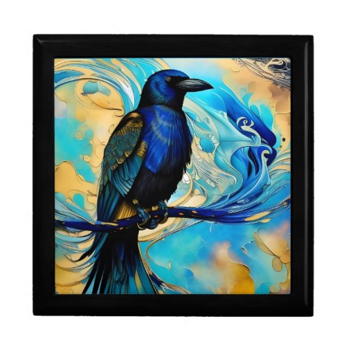 Blue Black Raven on blue and gold abstract Gift Box