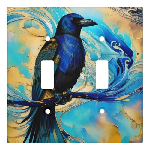 Blue Black Raven on blue and gold abstract Light Switch Cover