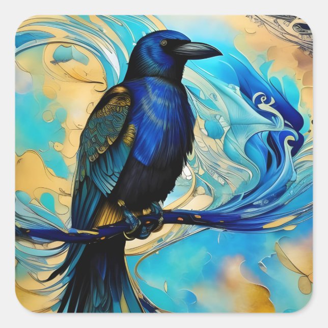 Blue Black Raven on blue and gold abstract Square Sticker (Front)