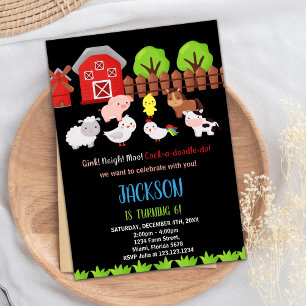 Blue Black Red Farm Animals Birthday Invitations