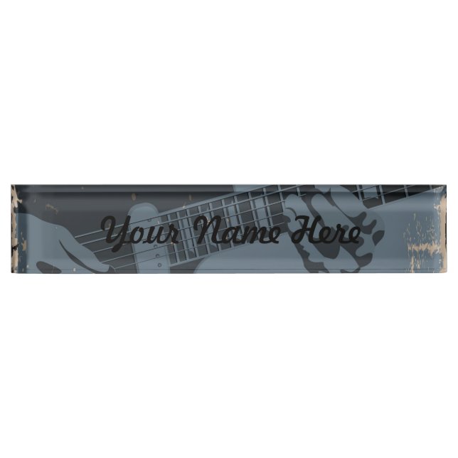 Blue & Black Rustic Guitar Player Desk Name Plate (Front)