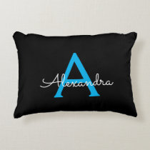 Blue Black Script Girly Monogram Name Accent Pillow
