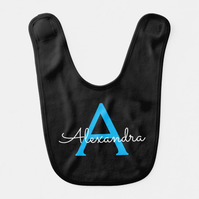 Blue Black Script Girly Monogram Name Baby Bib (Front)