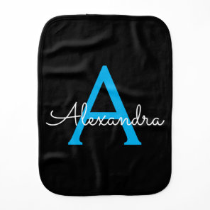 Blue Black Script Girly Monogram Name Baby Burp Cloth