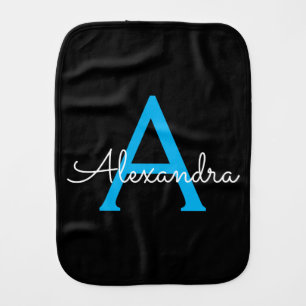 Blue Black Script Girly Monogram Name Baby Burp Cloth