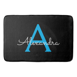 Blue Black Script Girly Monogram Name Bath Mat
