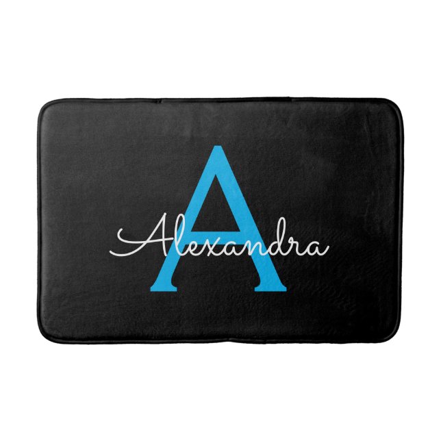 Blue Black Script Girly Monogram Name Bath Mat (Front)