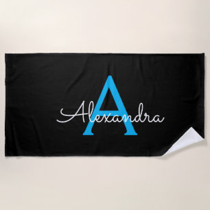 Blue Black Script Girly Monogram Name Beach Towel