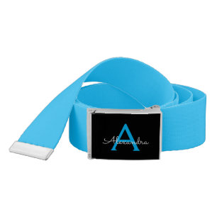 Blue Black Script Girly Monogram Name Belt