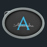Blue Black Script Girly Monogram Name Belt Buckle<br><div class="desc">Black and Blue Simple Script Monogram Name Belt Buckle. This makes the perfect graduation,  sweet 16 16th,  18th,  21st,  30th,  40th,  50th,  60th,  70th,  80th,  90th,  100th birthday,  wedding,  bridal shower,  anniversary,  baby shower or bachelorette party gift for someone that loves glam luxury and chic styles.</div>