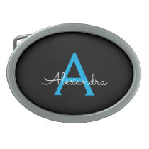 Blue Black Script Girly Monogram Name Belt Buckle