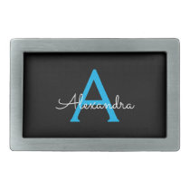 Blue Black Script Girly Monogram Name Belt Buckle