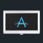 Blue Black Script Girly Monogram Name Business Card Case<br><div class="desc">Black and Blue Simple Script Monogram Name Business Card Holder. This makes the perfect sweet 16 birthday,  wedding,  bridal shower,  anniversary,  baby shower or bachelorette party gift for someone that loves glam luxury and chic styles.</div>