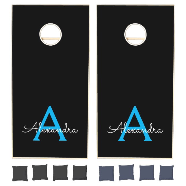 Blue Black Script Girly Monogram Name Cornhole Set (Set)
