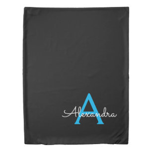 Blue Black Script Girly Monogram Name Duvet Cover