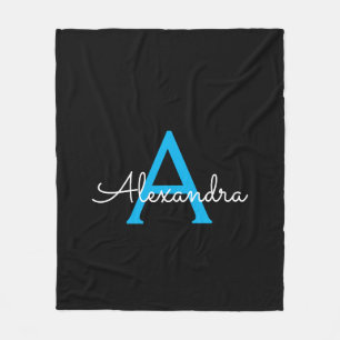 Blue Black Script Girly Monogram Name Fleece Blanket