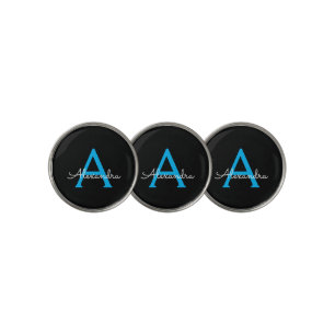 Blue Black Script Girly Monogram Name Golf Ball Marker