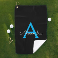 Blue Black Script Girly Monogram Name Golf Towel