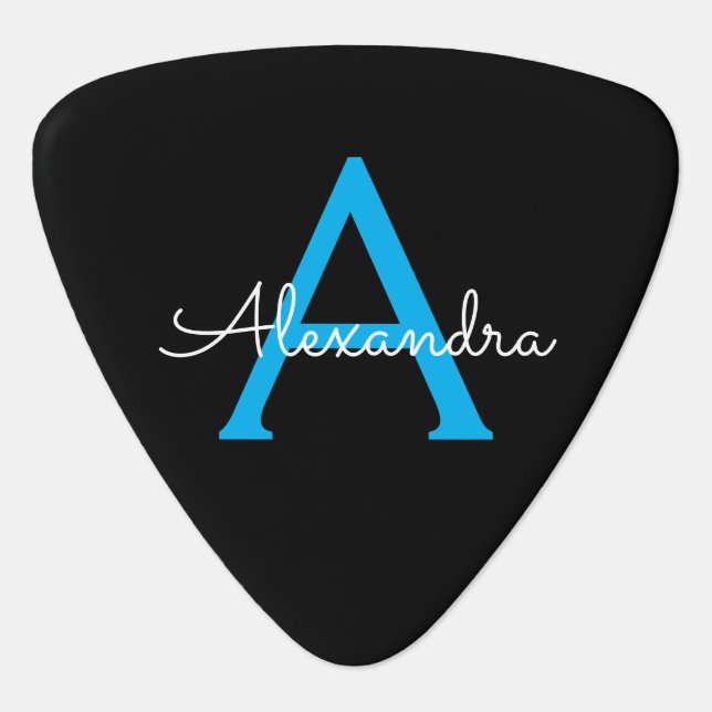 Blue Black Script Girly Monogram Name Guitar Pick (Front)