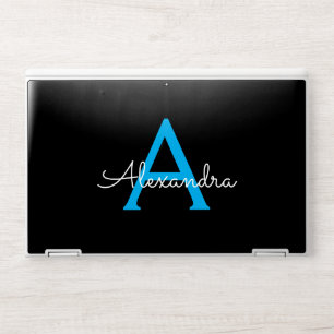 Blue Black Script Girly Monogram Name HP Laptop Skin