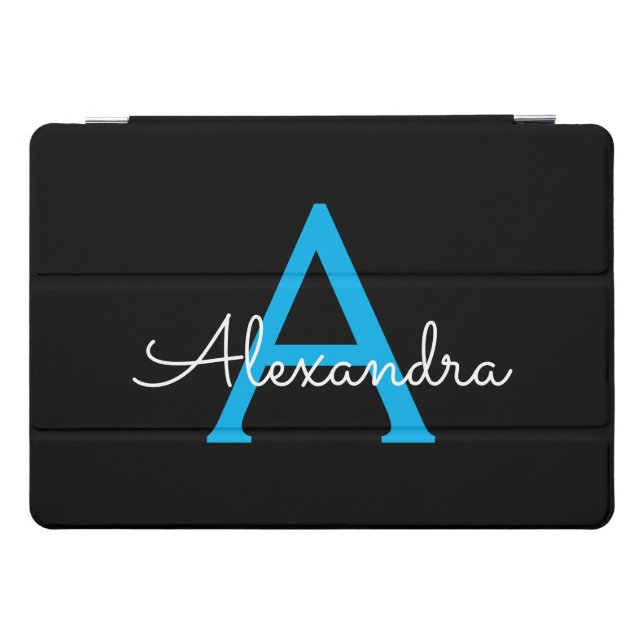 Blue Black Script Girly Monogram Name iPad Pro Cover (Horizontal)