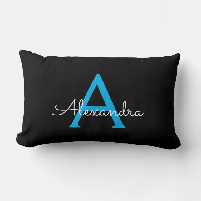 Blue Black Script Girly Monogram Name Lumbar Pillow (Front)