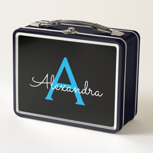 Blue Black Script Girly Monogram Name Metal Lunch Box