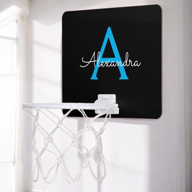 Blue Black Script Girly Monogram Name Mini Basketball Hoop (Creator Uploaded)