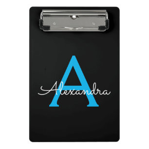 Blue Black Script Girly Monogram Name Mini Clipboard