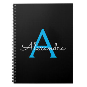 Blue Black Script Girly Monogram Name Notebook