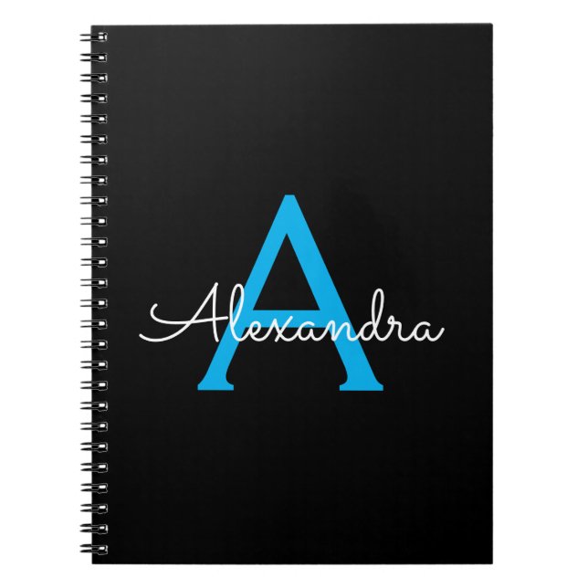 Blue Black Script Girly Monogram Name Notebook (Front)
