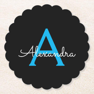 Blue Black Script Girly Monogram Name Paper Coaster