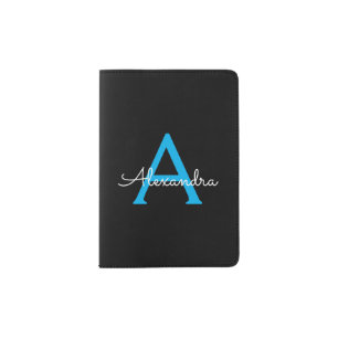 Blue Black Script Girly Monogram Name Passport Holder