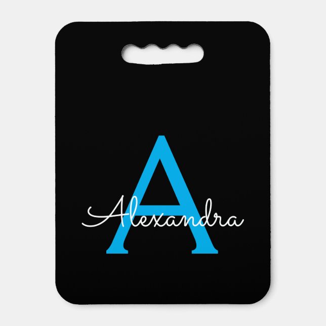 Blue Black Script Girly Monogram Name Seat Cushion (Front Vertical)