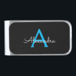 Blue Black Script Girly Monogram Name Silver Finish Money Clip<br><div class="desc">Blue and Black Simple Script Monogram Name Money Clip. This makes the perfect graduation,  sweet 16 birthday,  wedding,  bridal shower,  anniversary,  baby shower or bachelorette party gift for someone that loves glam luxury and chic styles.</div>