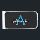 Blue Black Script Girly Monogram Name Silver Finish Money Clip<br><div class="desc">Blue and Black Simple Script Monogram Name Money Clip. This makes the perfect graduation,  sweet 16 birthday,  wedding,  bridal shower,  anniversary,  baby shower or bachelorette party gift for someone that loves glam luxury and chic styles.</div>