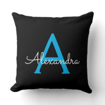 Blue Black Script Girly Monogram Name Throw Pillow