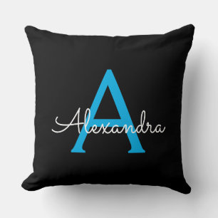 Blue Black Script Girly Monogram Name Throw Pillow