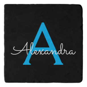 Blue Black Script Girly Monogram Name Trivet