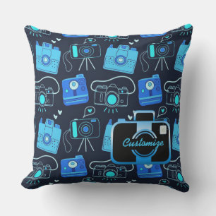 Blue & Black Shutter Bug Retro Cameras Pillow