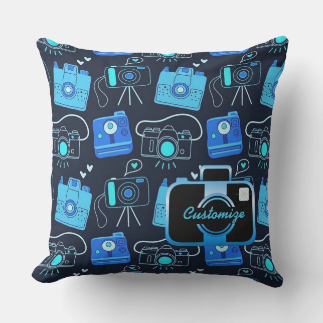 Blue & Black Shutter Bug Retro Cameras Pillow (Front)
