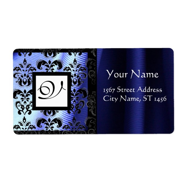 BLUE BLACK SILK DAMASK, SQUARE MONOGRAM LABEL (Front)
