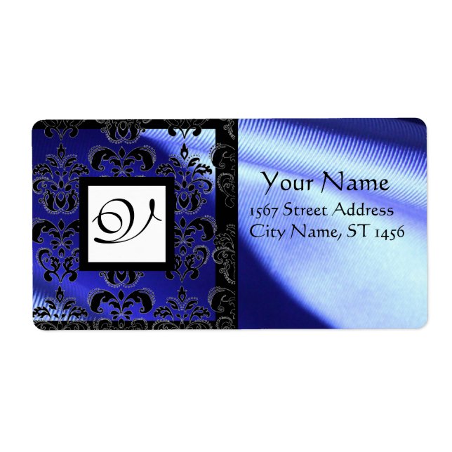 BLUE BLACK SILK DAMASK, SQUARE MONOGRAM LABEL (Front)