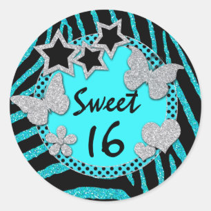 Blue Black Silver FAUX Glitter Sweet 16 Sticker